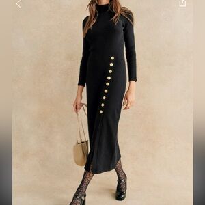 Sezane Elegant Black Dress with Gold Buttons